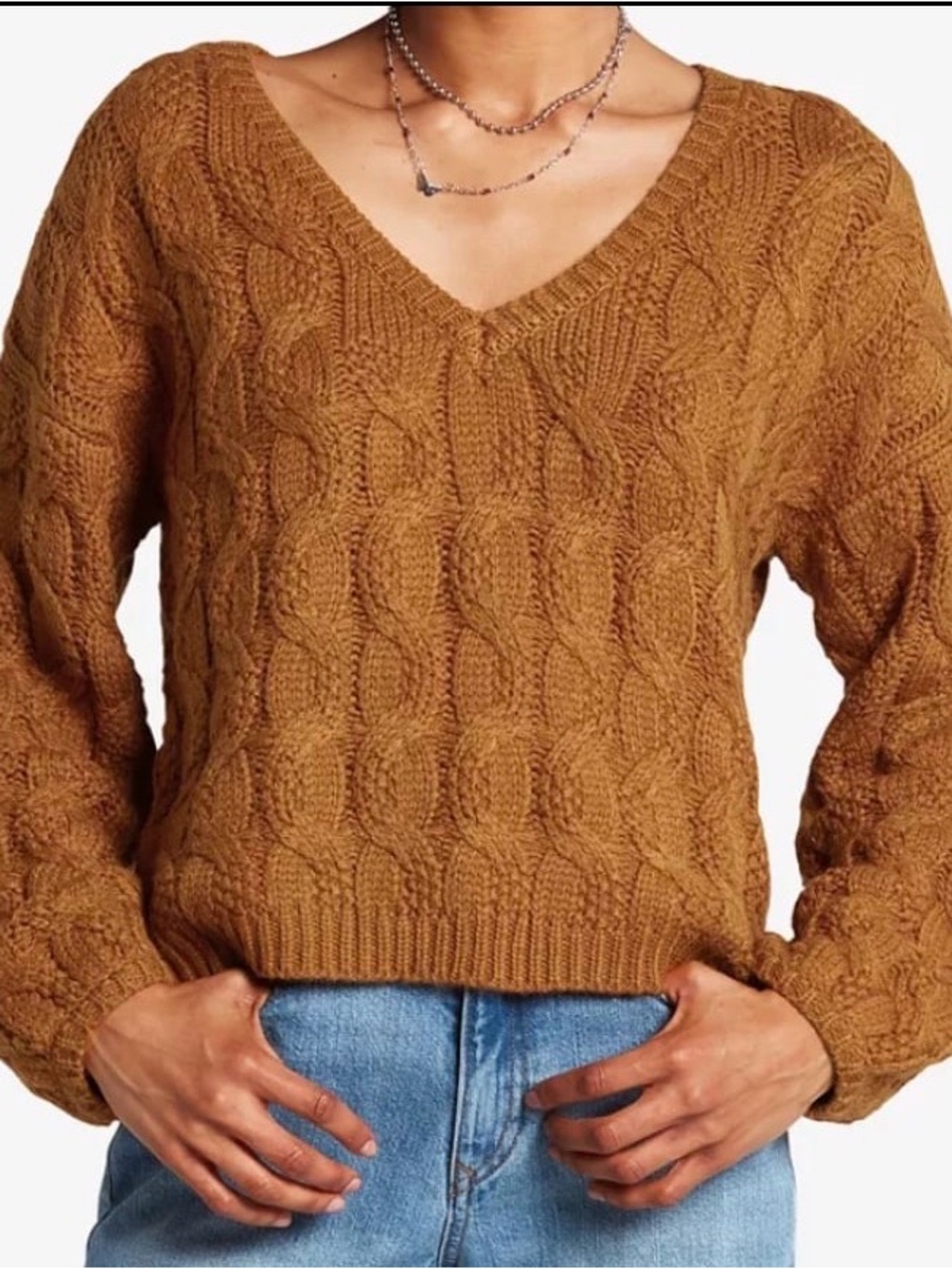 Volcom Bingable Chunky Cable Knit Sweater Bronze Basic Cottagecore Coastal Boho